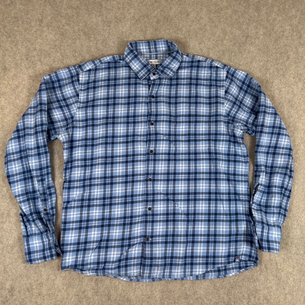 Peter Millar Button Down Shirt Mens‎ Large Blue Plaid Long Sleeve Cotton Flannel